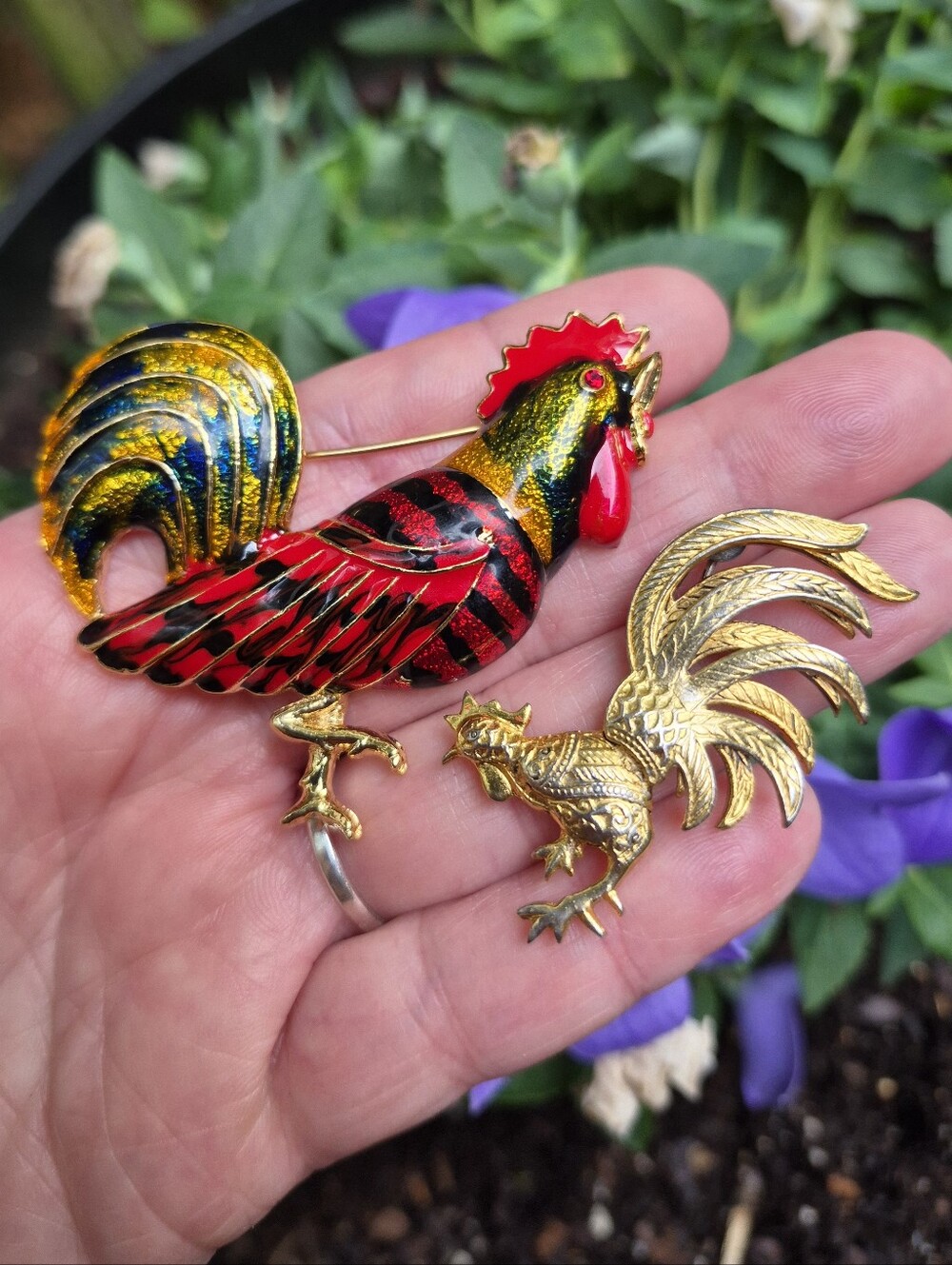 Lot Of 2 Multicolored Enameled Vintage Rooster Gold Tone Brooch Pin